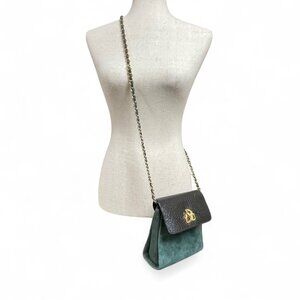 Vingage Magid Green Suede Black Leather Crossbody Bag with Gold tone Chain Strap